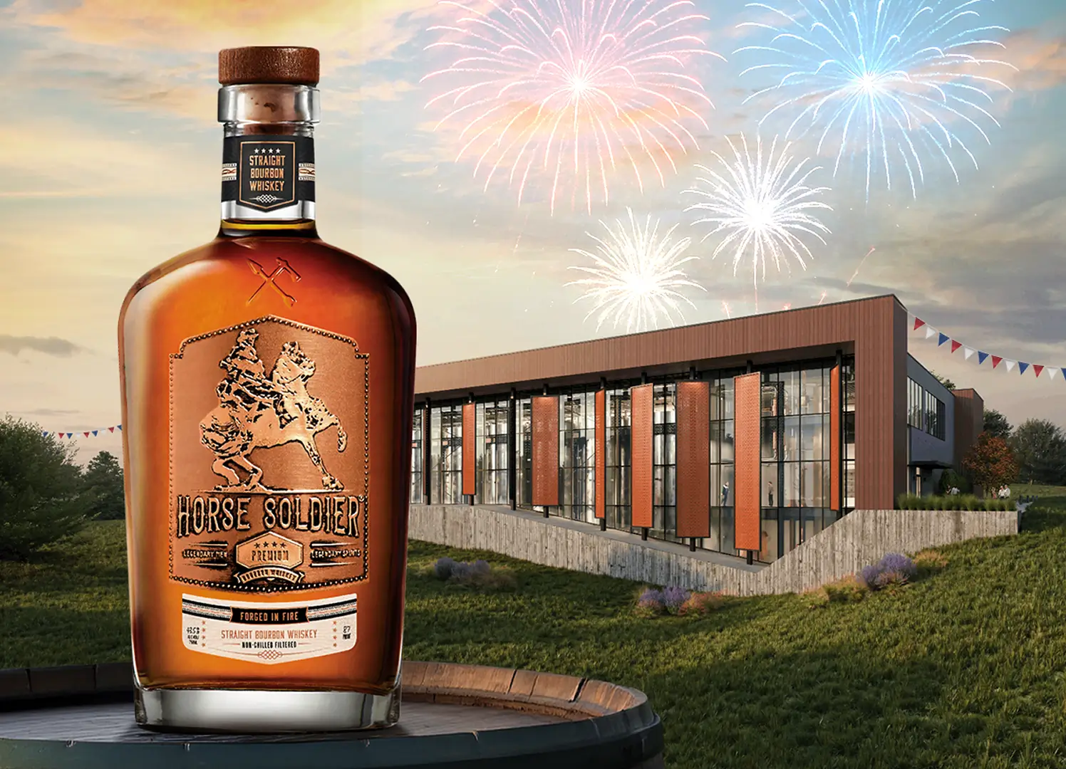 Picture of Horse Soldier Bourbon Bottle in front of Horse Soldier Farms with Fireworks in the background
